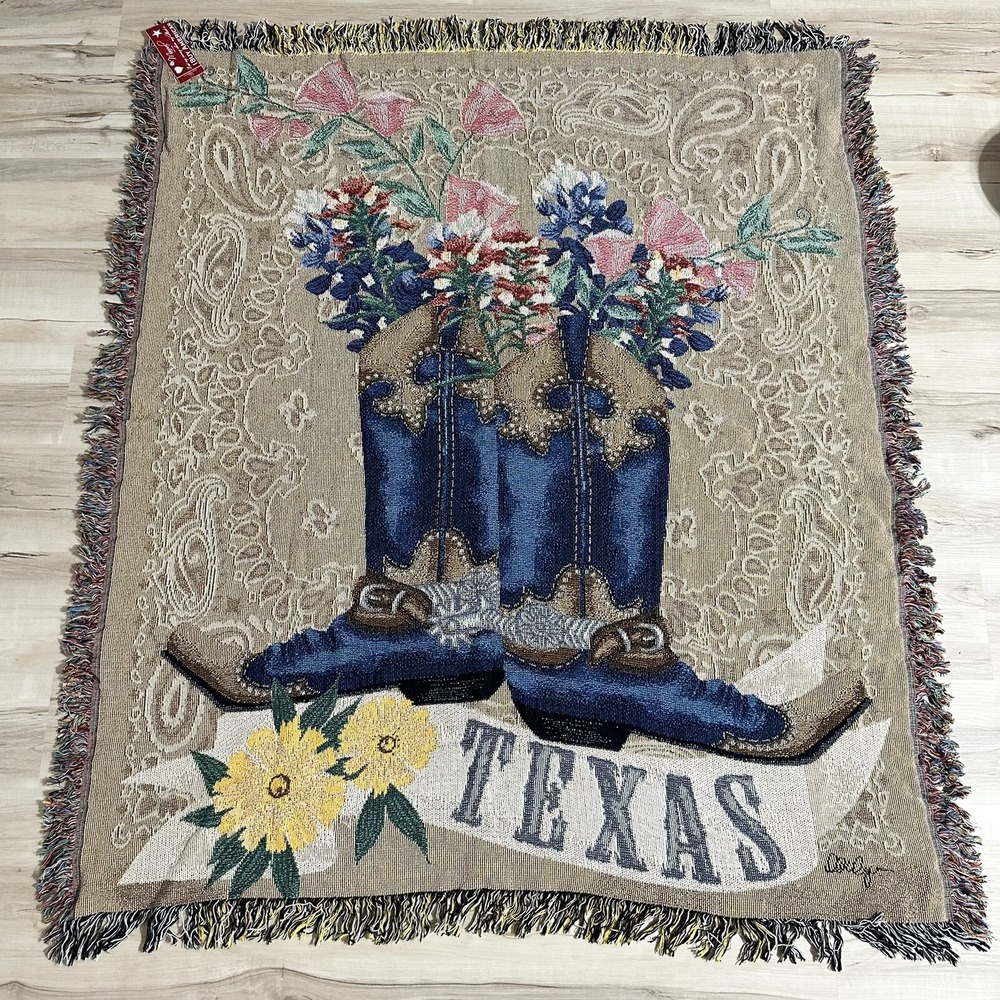 TEXAS PRIDE COWBOY BOOTS AND BLUEBONNETS TAPESTRY THROW BLANKET -‎ 50" X 60" USA